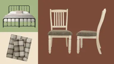 Signature Design by Ashley Bolanburg Upholstered Wood Dining Chairs, Zinus Leonardo Metal Platform Bed Frame, and Comfort Spaces 100% Cotton Flannel Sheets on a brown, green, and cream background.