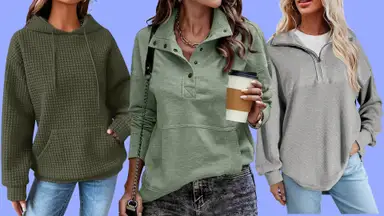 Three women wearing sweatshirts silhouetted against a lavender background.