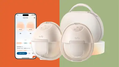 eufy heated breast pump on an orange and green background