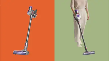Lone Dyson V8 Cordless Vacuum against an orange background on the left and the Dyson V8 Cordless Vacuum being held by a person wearing a tan outfit against a green background on the right.