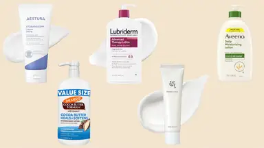 A selection of moisturizers and lotions from Aestura, Lubriderm, Aveeno, Palmer's, and Beauty of Joseon on a beige background.