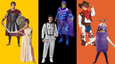 A gladiator, goddess, astronaut, Skeletor, cowboy, and Boo in front of a tri-color background