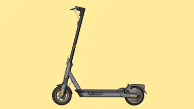 An electric scooter shown from the side against a yellow background