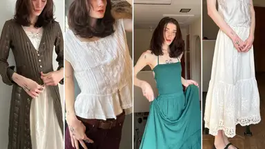 Four images of woman wearing various boho clothing items.