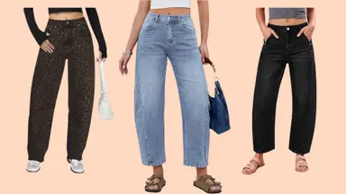 Cropped models wearing leopard print barrel jeans, blue barrel jeans, and black barrel jeans against a peach-colored backdrop.