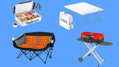 Clockwise from top right: An open snackle box, a folding table with a folded table, a red portable grill, and a heated double seat folding chair.