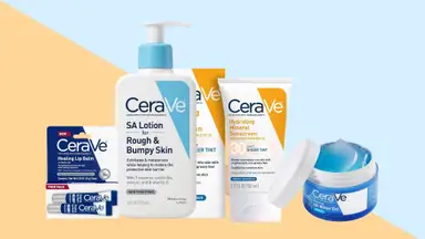 Four CeraVe products on a multicolored background