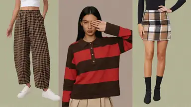 Preppy pieces — gingham pants, rugby sweater, plaid mini — against a brown and green background