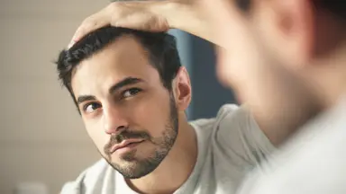 A photo of a man touching his hair.