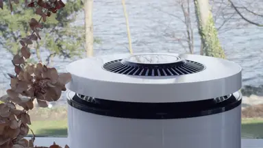 CleanAirZone bio-based air purifier in front of an outdoor landscape of trees and water