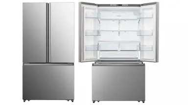 A side-by-side of two Hisense HRF266N6CSE French-door refrigerators. The left one is closed and the right one is open, showcasing its empty interior.