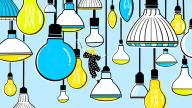 A unique illustration showing a variety of light bulbs hanging, with a woman in the center