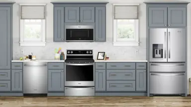 A clean, modern kitchen full of Whirlpool appliances