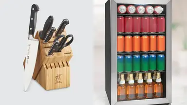 a knife set and beverage fridge