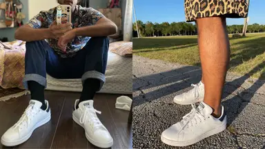 Man wearing Stan Smith shoes by Adidas.