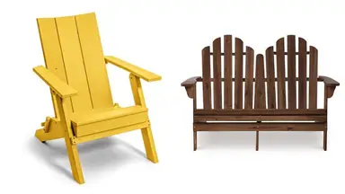 a modern, yellow Adirondack chair sits next to a pretty wood double Adirondack chair