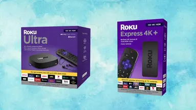 Roku streaming device boxes against a sky blue background