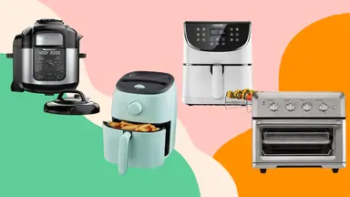 Four air fryers on a multicolored background.