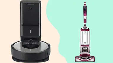A robot vacuum next to a stand up vacuum, on a white and green background.