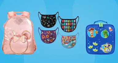 blue Mickey Mouse background with pink backpack, toy story lunchbox and pixar face masks