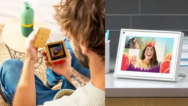 Man holding an open Lovebox next to an image of a woman smiling in a Portal Mini