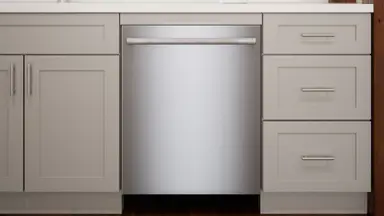 A shot of kitchen cabinetry with the Bosch dishwasher installed in the center