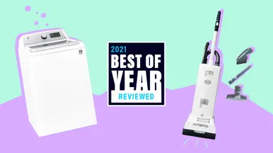 A dishwasher and vacuum on a teal and purple background with the text, "2021 Best of Year Reviewed"