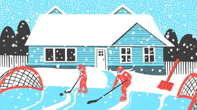 Cartoon drawing of people playing hockey and skating on outdoor skating rink behind home in backyard.