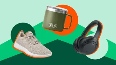 A gray shoe, green coffee cup, and black headphones against a green background.