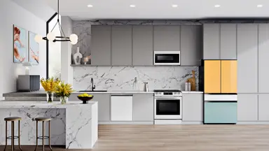 The new Samsung Bespoke French-door refrigerator, installed alongside other Bespoke appliances in a modern kitchen.