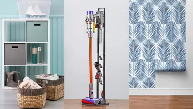 A storage container; a vacuum stand; and stick-and-peel wallpaper.