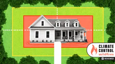 A white house surrounded by orange and green rectangles