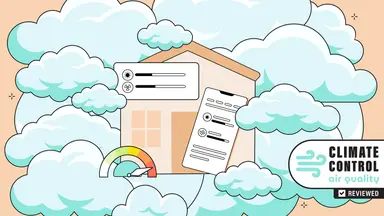 Cartoon graphic of house surrounded by clouds and air quality meter.