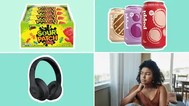 Collage of sour candy, soda cans, black headphones and person looking out of window while sitting on couch.