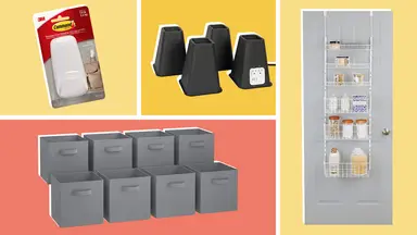 A collage featuring a door hanger, organizer, storage cubes and bed lifts.