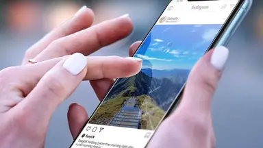Close-up of a hand model using a smartphone with a touchscreen