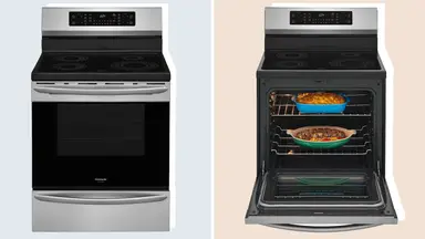 A stainless steel induction range with its oven closed and open.
