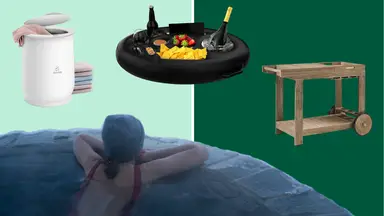 A group of friends drink champagne while sitting in a hot tub.