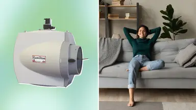 On left, product shot of the Hamilton Whole House Furnace Mount Flow Through Humidifier. On right, person resting on couch with arms folded behind head inside of home.