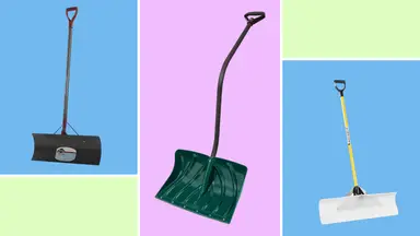 Three snow shovels against a colorful background.