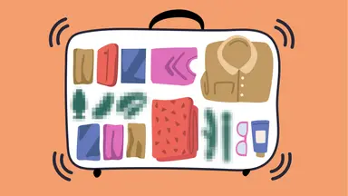 Cartoon graphic of suitcase with clothes, travel items and assorted sex toys blurred out.