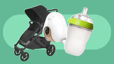 An Uppababy stroller, Cubo AI baby monitor, and Comotomo bottle on a green background