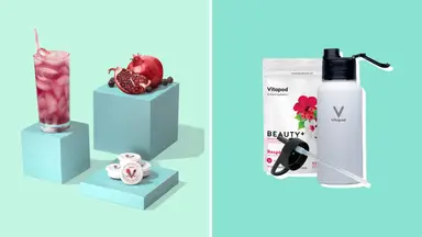 On left, glass of flavored drink next to pomegranate fruit and Vitapod pods. On right, Vitapod water bottle and drink mix.