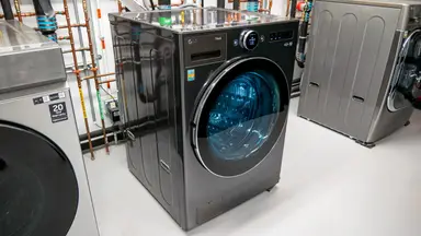 An LG front-load washer sitting in our testing lab.