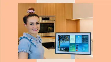 Molly Burke posing next to an Echo Show 15.