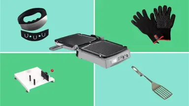 A collage of products in front of a background.