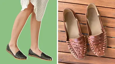 A model wears a black huarache sandal, and the sandals shown from above in brown.
