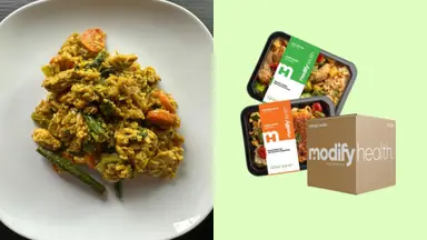 Left: plated dish of chicken, rice, and veggies. Right: Modify Health packages on green background