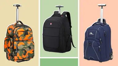 The HollyHome, Oiwas, and High Sierra rolling backpacks side-by-side on a green and pink background.