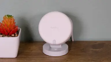 The Aqara FP2 presence sensor sits on its stand on a wood stand next to a potted red succulent plant.